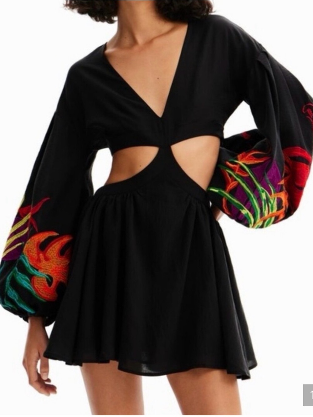 Desigual Black Mini Dress with Multicolor Embroidered Balloon Sleeves